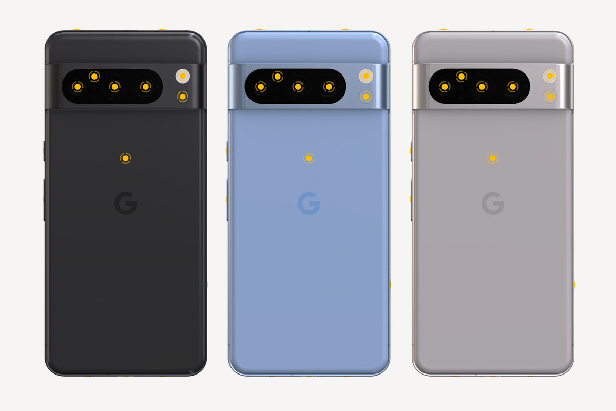 Une image composite du Google Pixel 8 Pro provenant du simulateur à 360 degrés montrant les couleurs noir, bleu clair et gris.