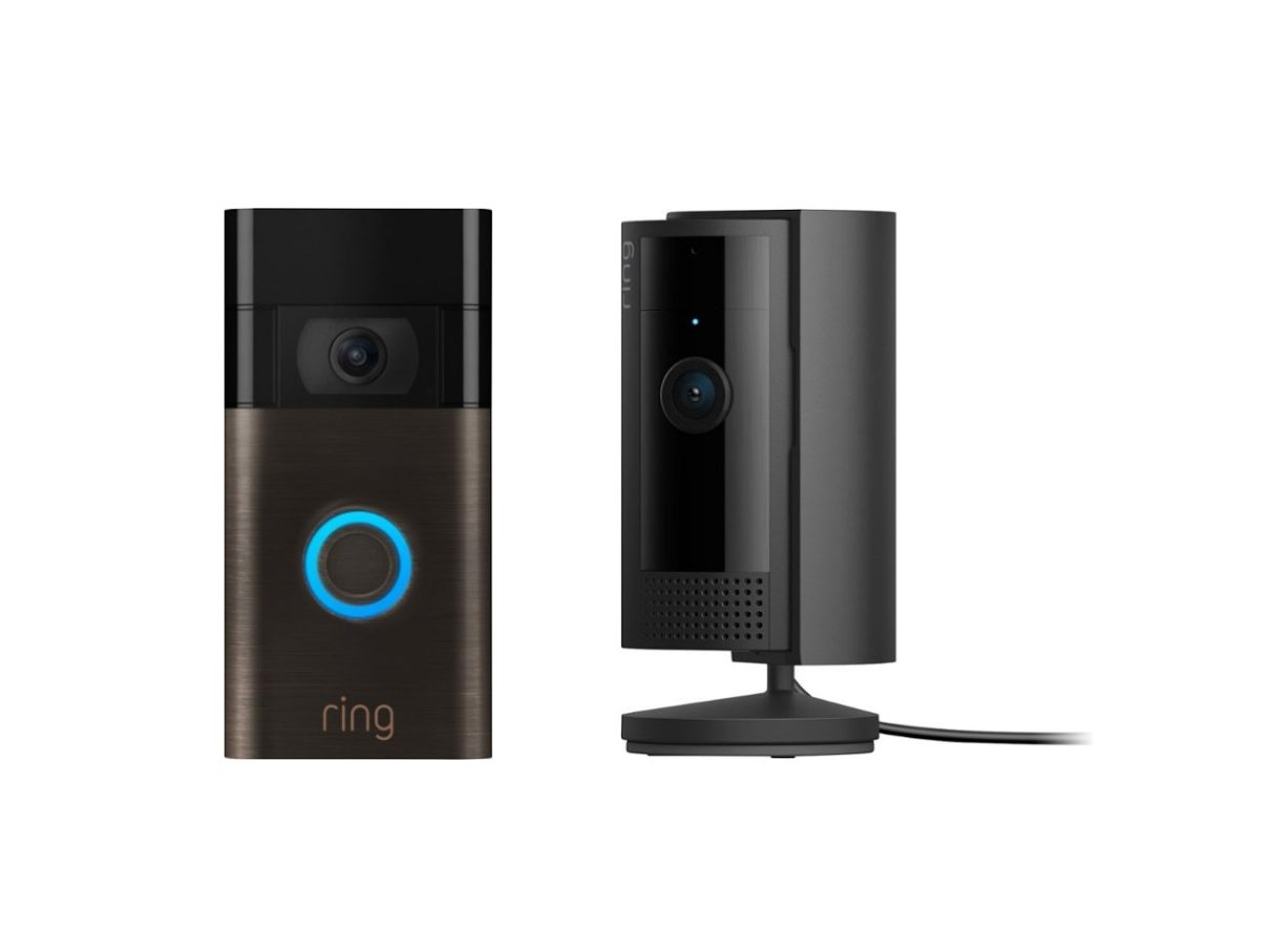 A picture of the Venetian Bronze color of the Ring Video Doorbell next to the 2nd Gen Indoor Plug-in 1080p Security Camera.
