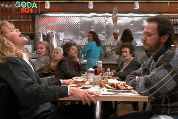 The diner scene in When Harry Met Sally, Sally's head thrown back and Harry looking down, embarrassed.