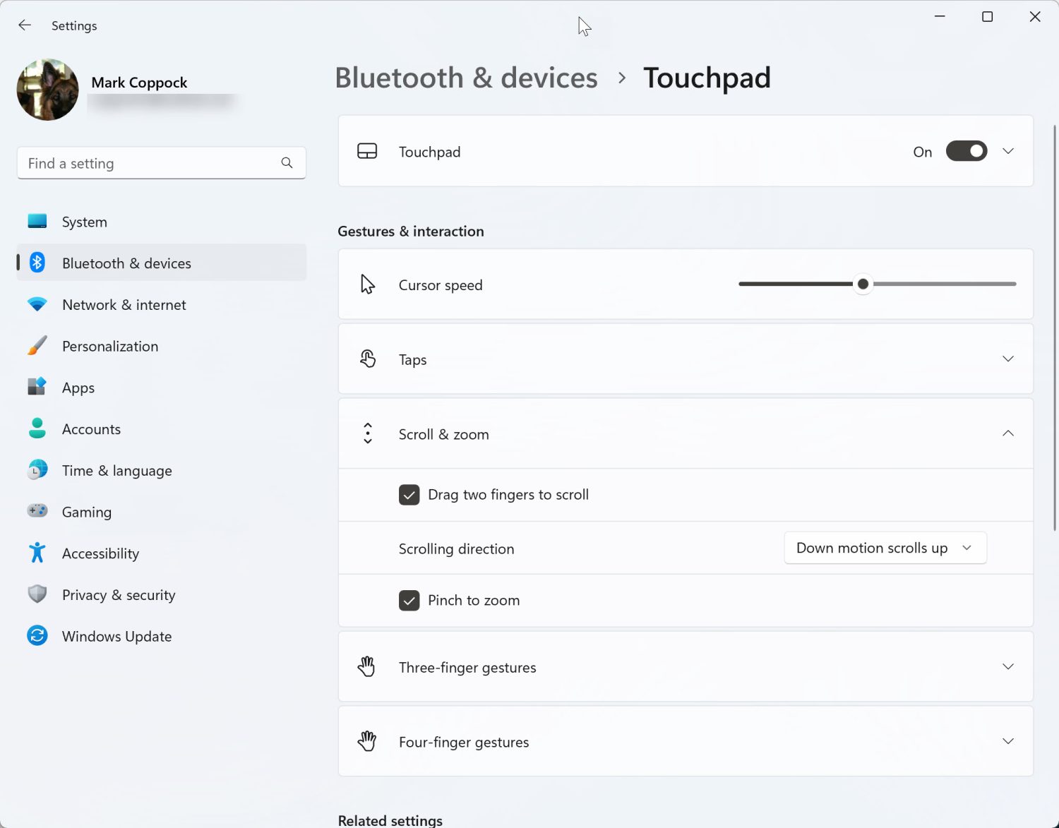 Windows 11 screenshot showing touchpad settings.