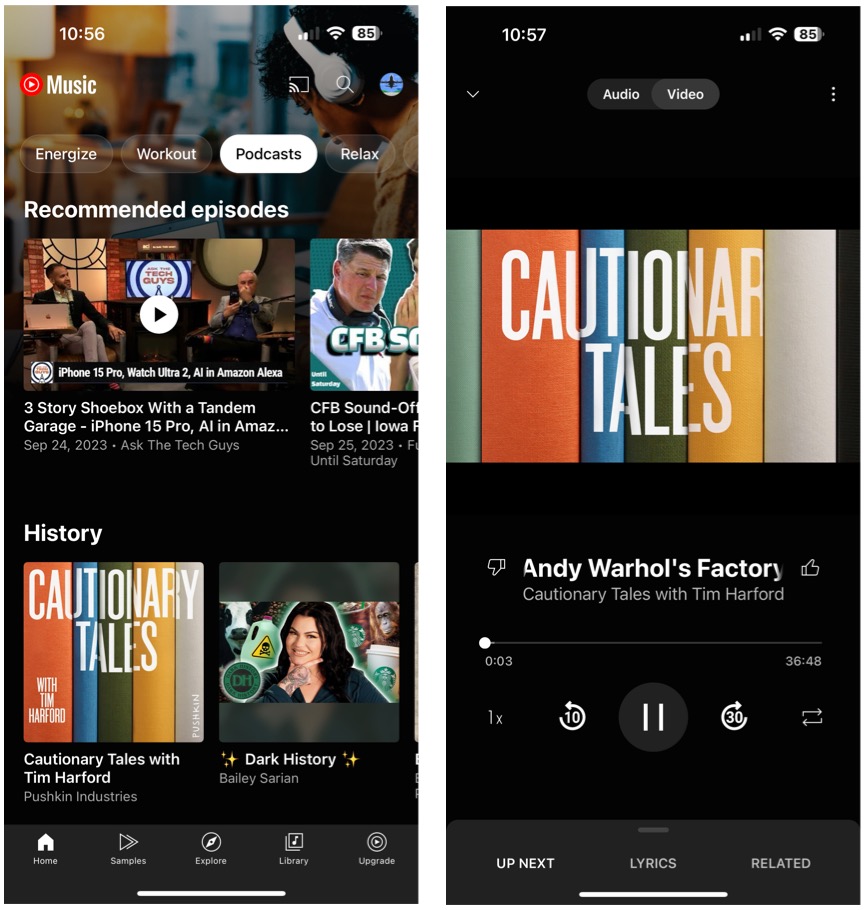 Screenshots showing podcasts on the YouTube Music app for iOS.