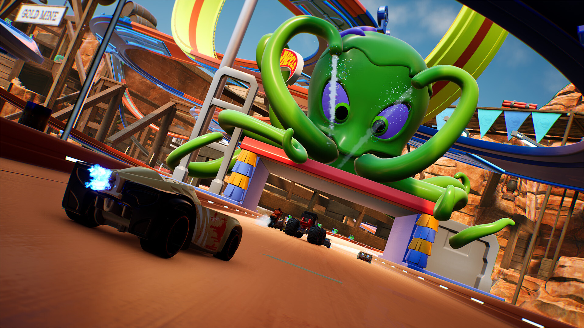 In Hot Wheels Unleashed 2 the player drives towards an octopus boss.