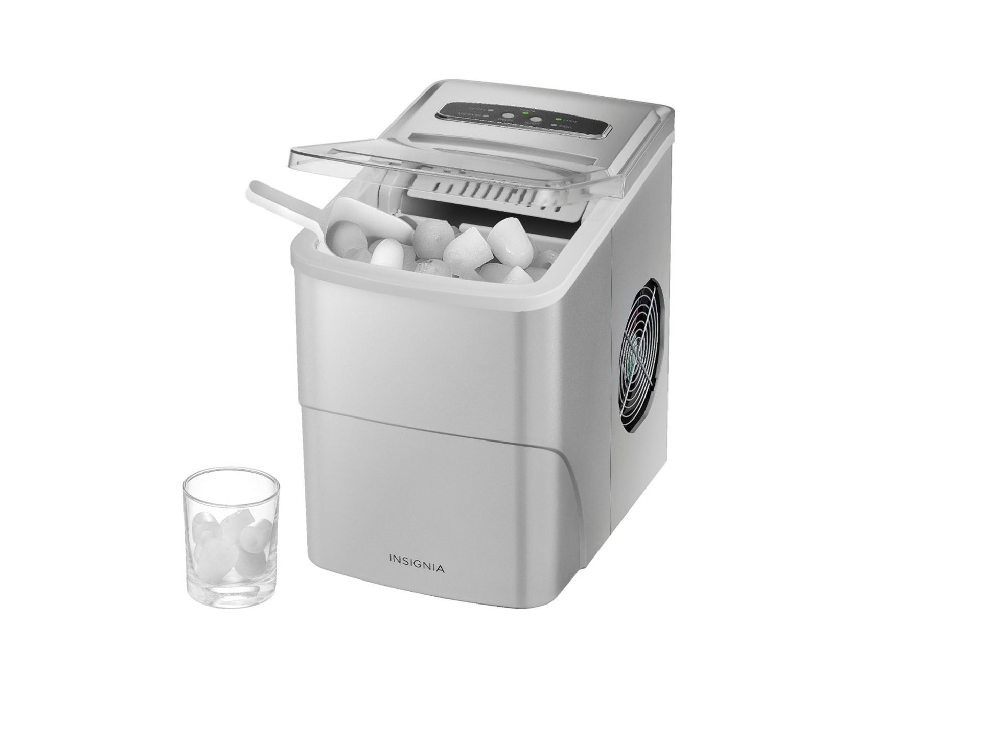 The Insignia 26-pound Portable Ice Maker, filled with ice and its ice scoop.
