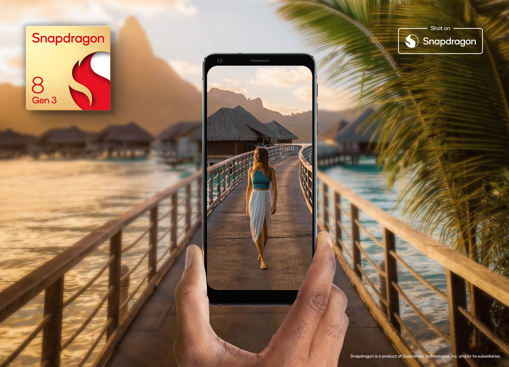 A phone with the Snapdragon 8 Gen 3 is shown taking a picture of a woman on a boardwalk.