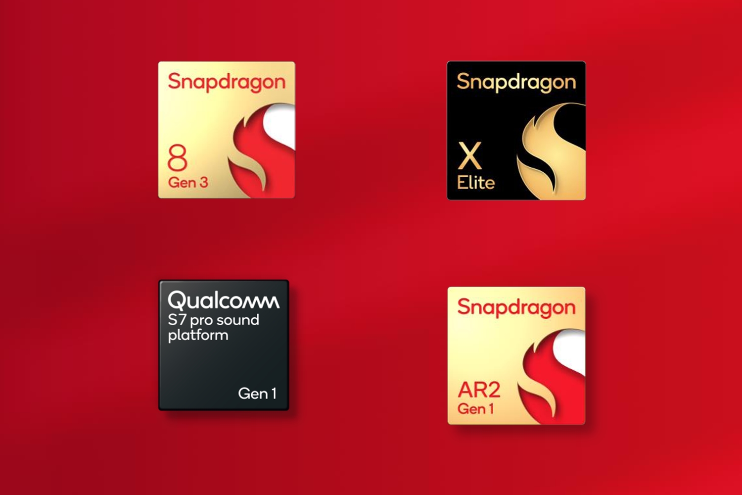 Ilustración de los chips Snapdragon 8 Gen 3, Snapdragon X Elite, Qualcomm S7 Pro Sound Platform y Snapdragon AR2 Gen 1.