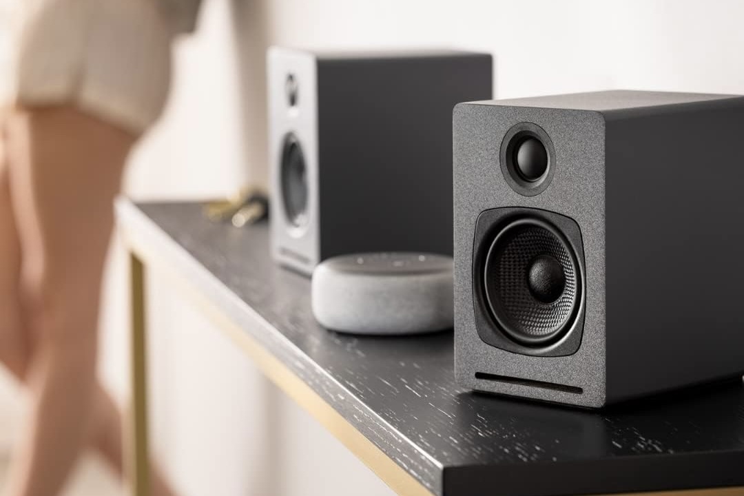 The Audioengine A1-MR speakers set up with an Echo Dot.