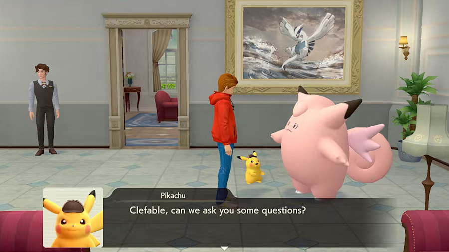 Pikachu interrogates a Clefairy in Detective Pikachu Returns.