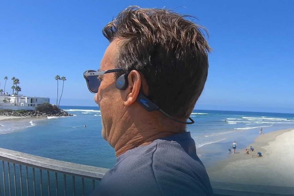 A man wearing the H20 Audio Multi-Sport Bone Conduction Headphones.