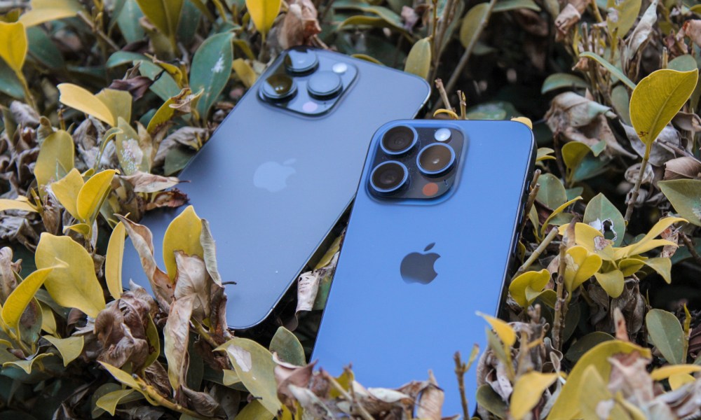 iPhone 14 Pro Max and iPhone 15 Pro on leaves.