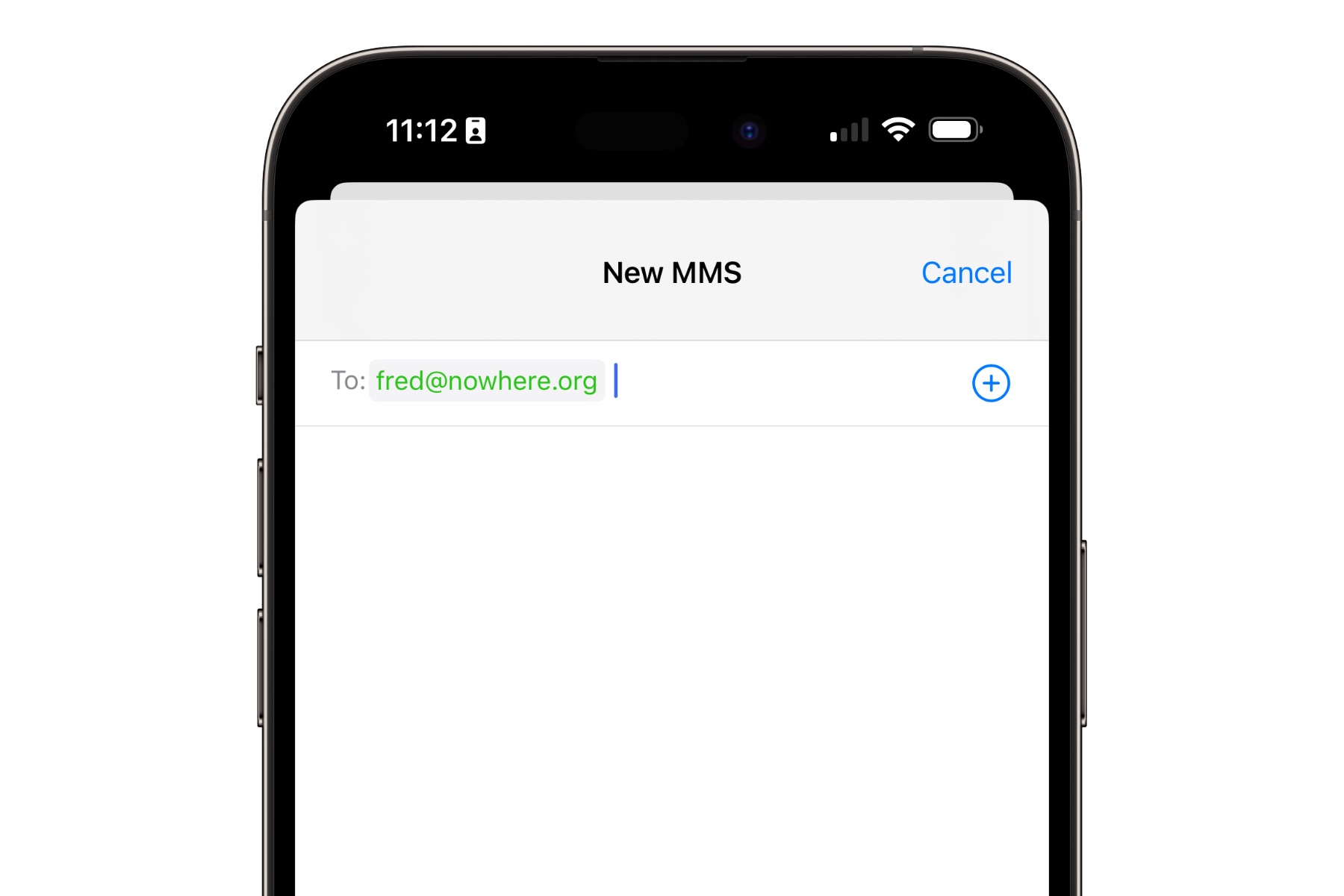 Verfassen einer Nachricht an eine E-Mail-Adresse per MMS in der iPhone-Nachrichten-App.