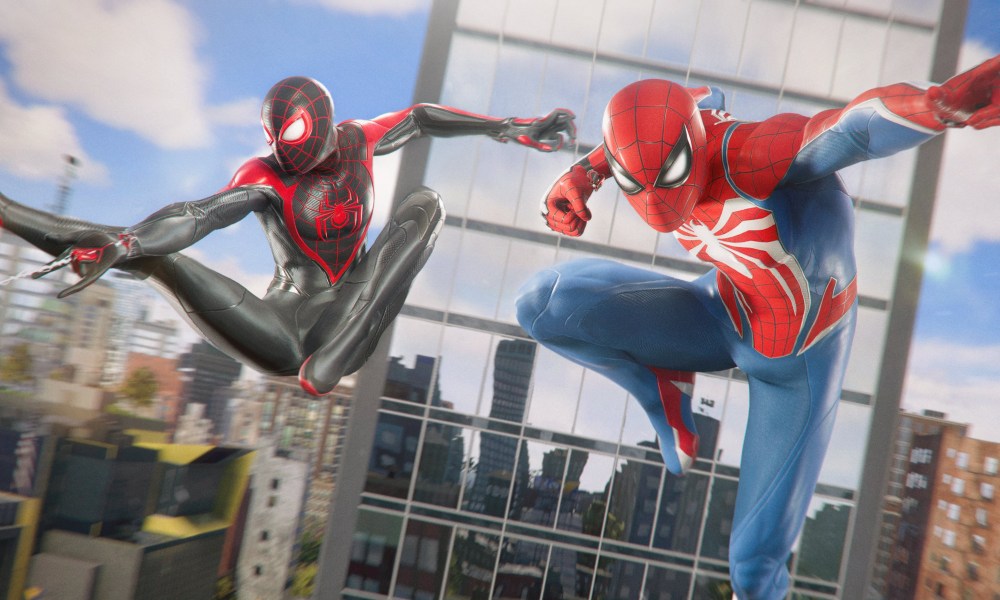 Peter and Miles leap in the air in Marvel's Spider-Man 2.