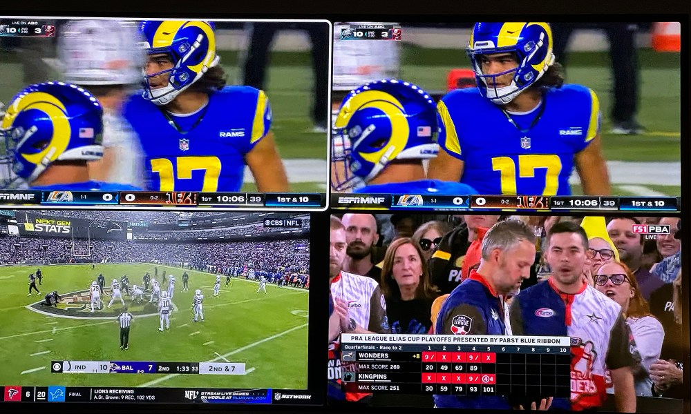 YouTube TV showing NFL games and bowling in multiview.