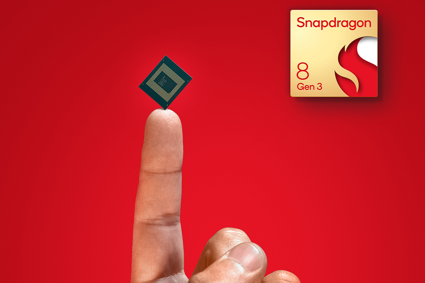 Un render del Qualcomm Snapdragon 8 Gen 3 sentado encima de la punta del dedo de alguien.