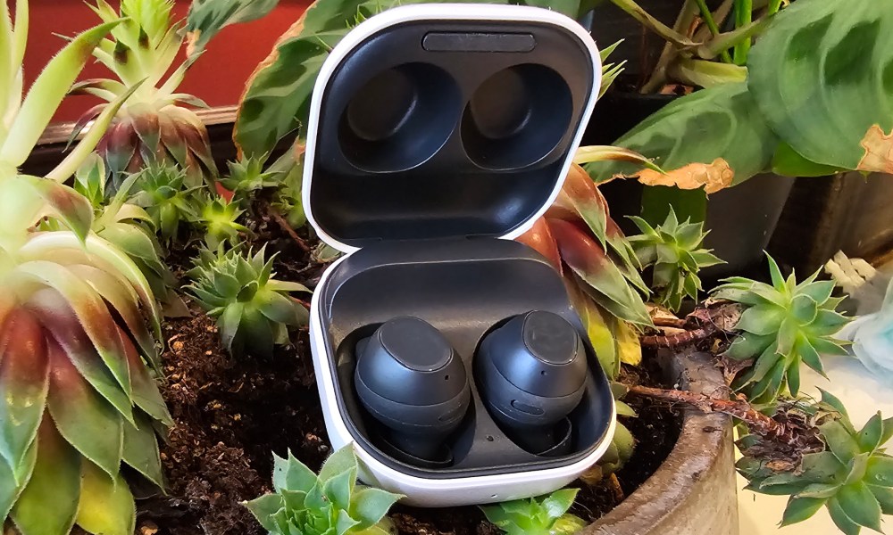 Samsung Galaxy Buds FE in open case, sitting among plants.