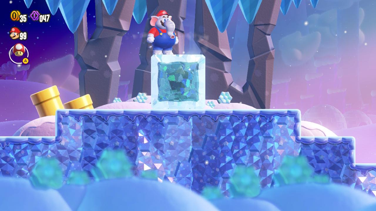 Mario the elephant stands on a block of ice in Super Mario Bros. Wonder.