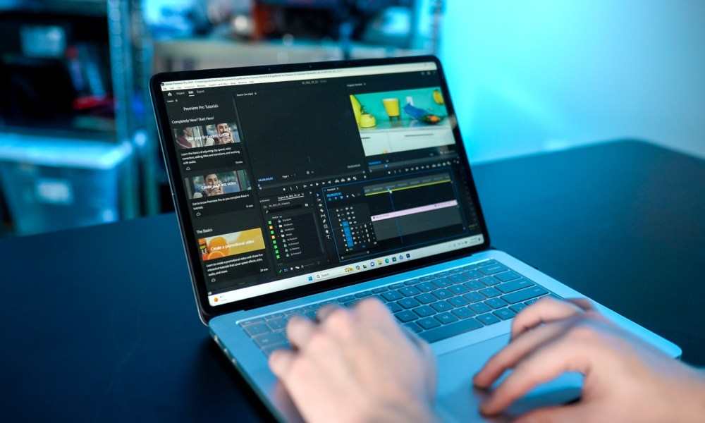 Someone using the Surface Laptop Studio 2 with Adobe Premiere Pro.