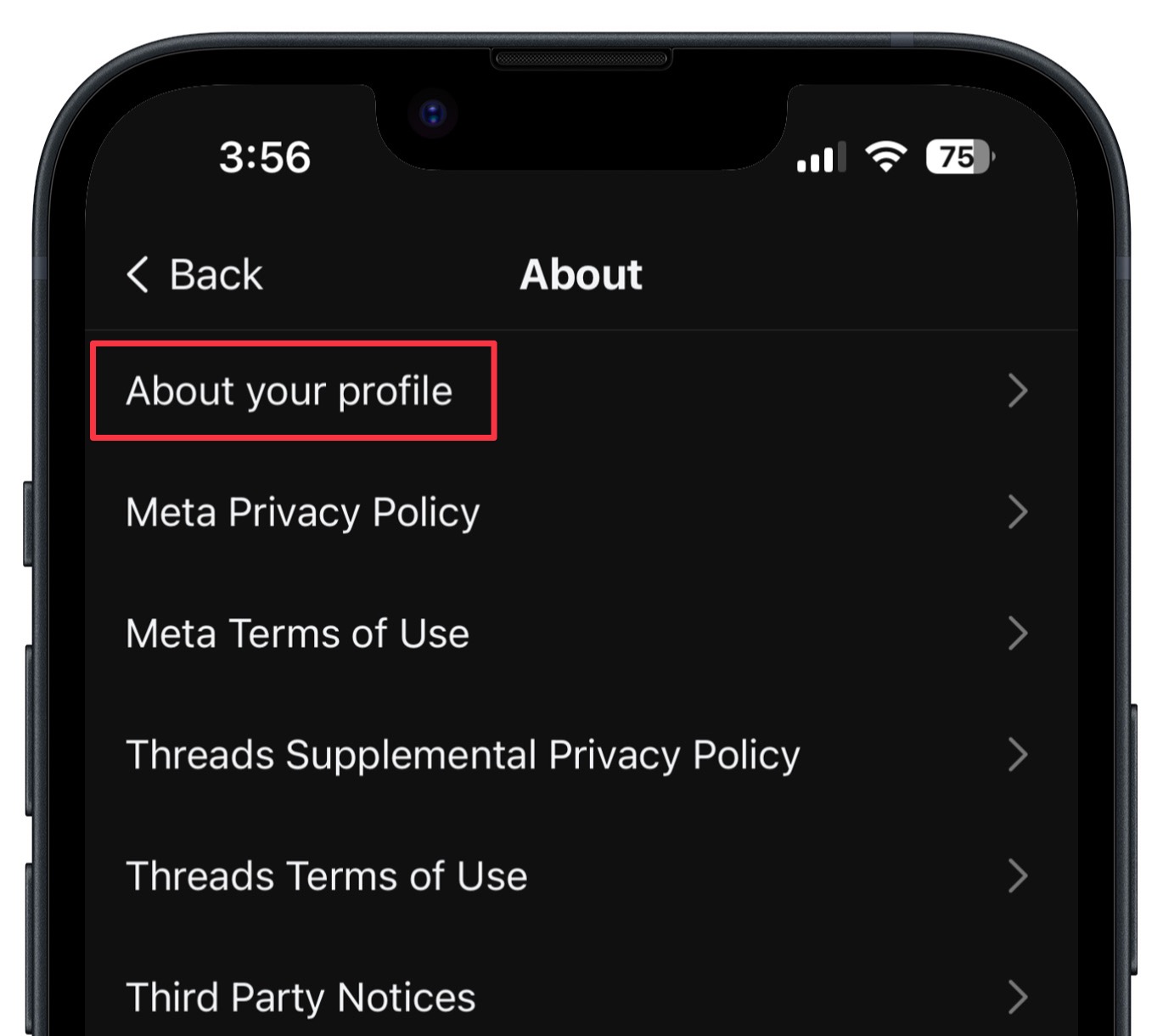 The About section in the Settings subsection of the Threads app, highlights the About this profile button.