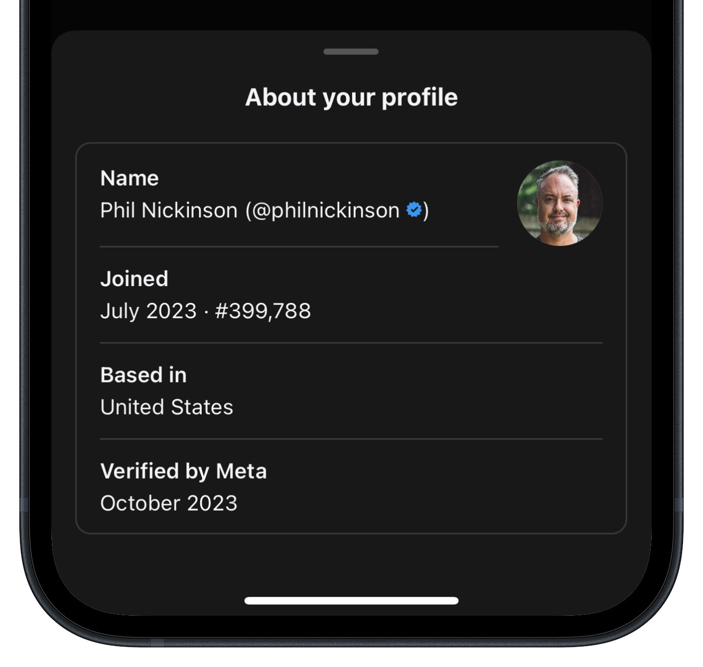 Your profile information as seen in the Threads app.