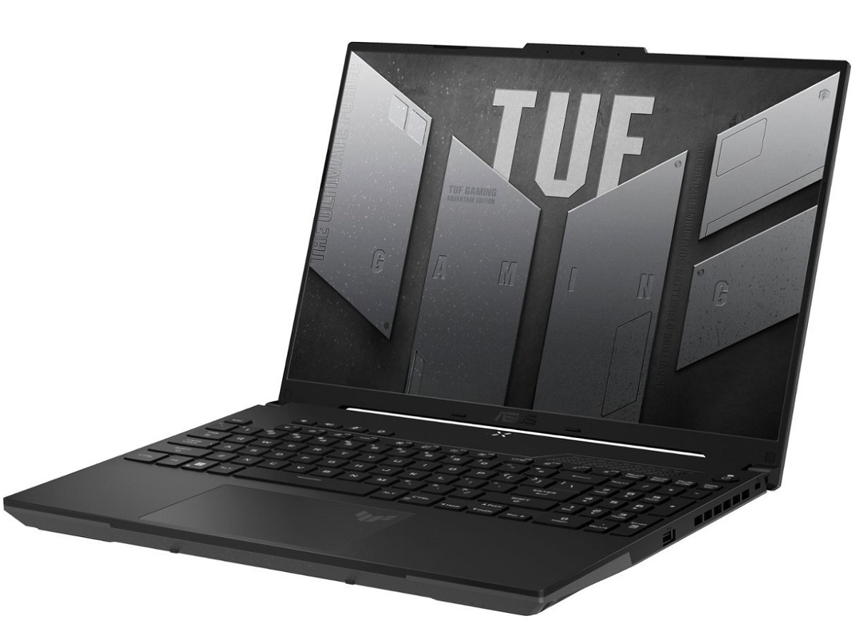 Игровой ноутбук Asus TUF Gaming A16 на белом фоне.