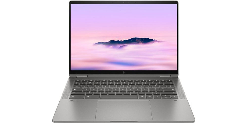 O Chromebook Plus HP 2 em 1 de 14 polegadas em um fundo branco.