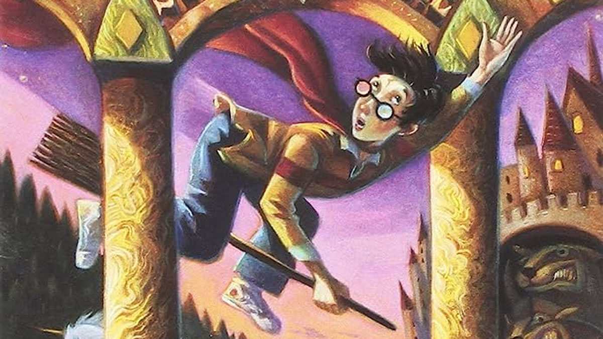 Young Harry Potter flies on a broom in Harry Potter and the Sorcerer's Stone.