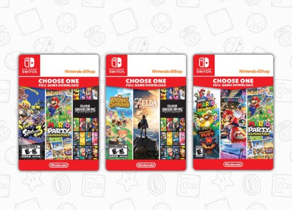 Три примера подарочных карт Choose One в Nintendo eShop.