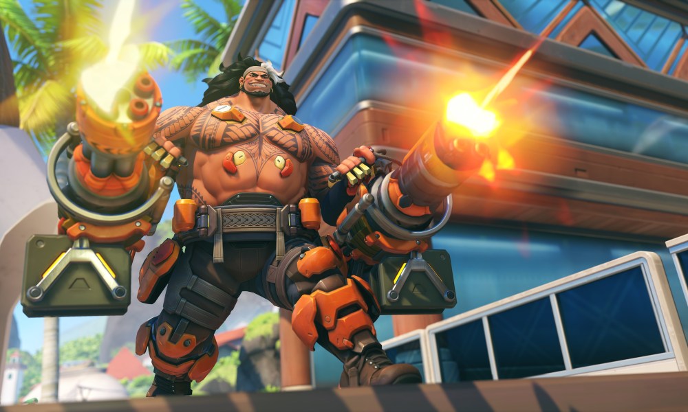 Mauga fires his two guns in Overwatch 2.