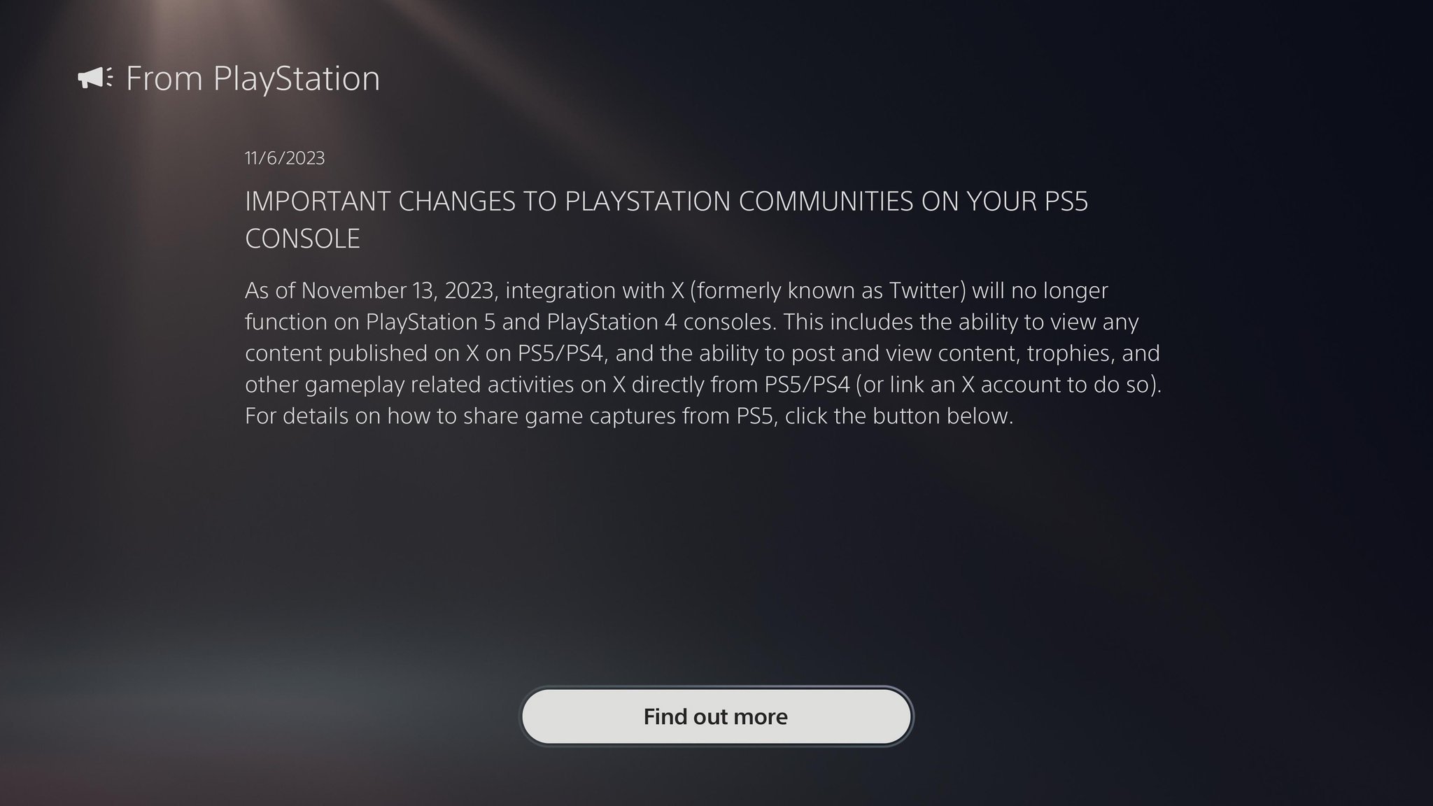 The notification revealing that X/Twitter integration on PS4 and PS5 is going away.
