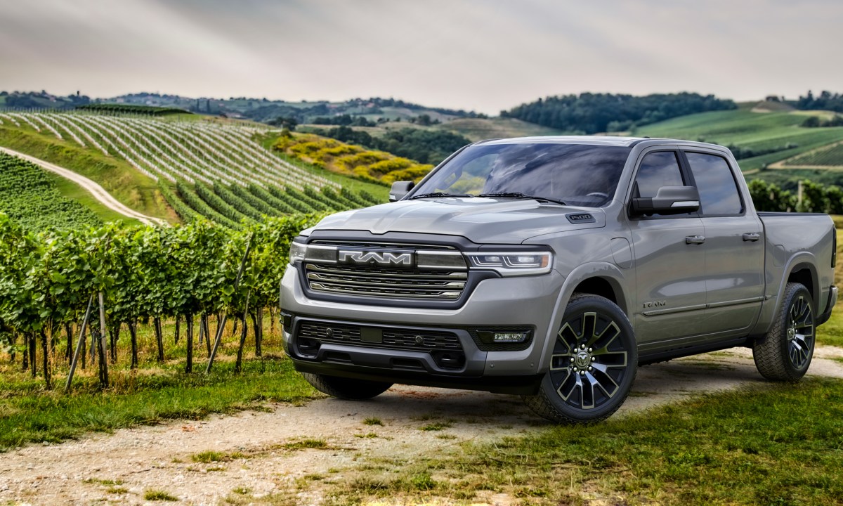 A 2025 Ram 1500 Ramcharger sits in a vineyard.