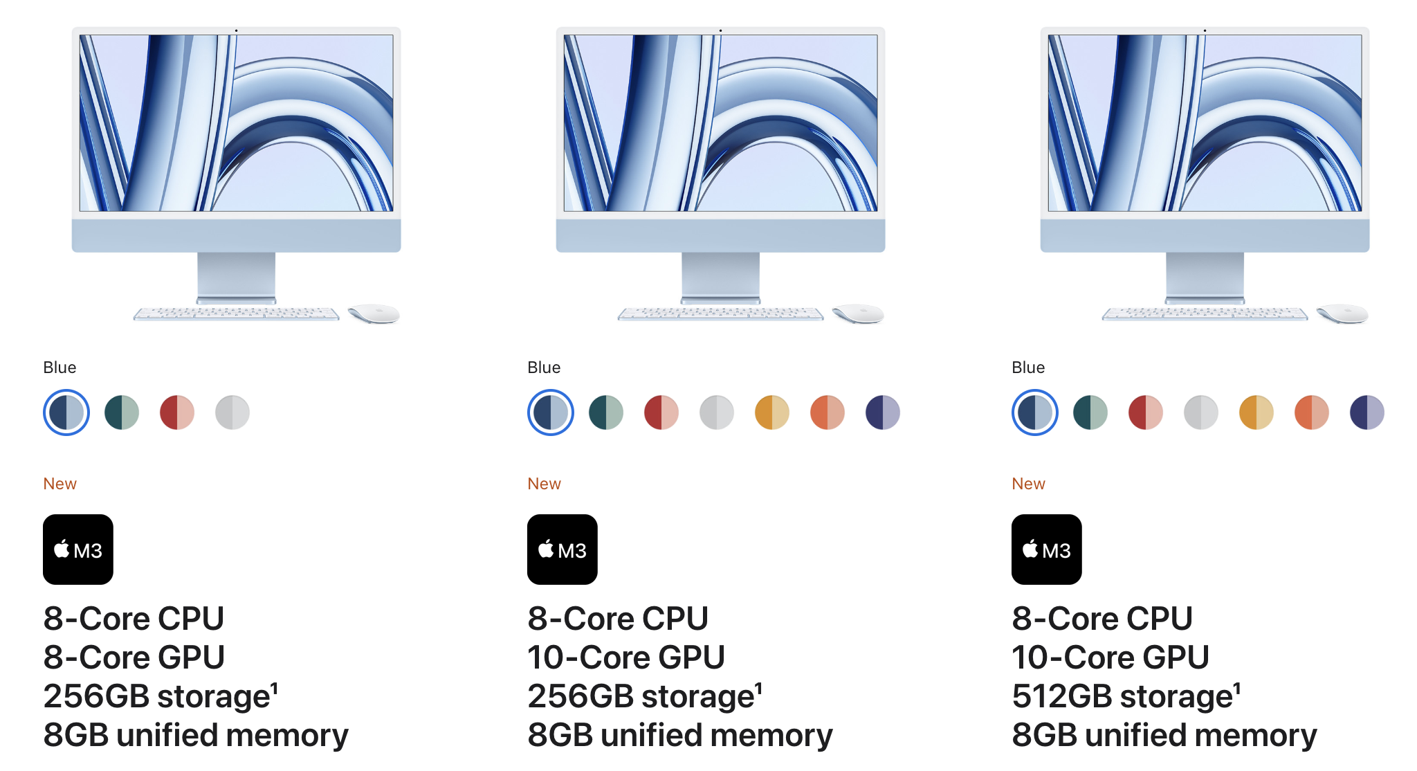 Three iMac listings from Apple's website.