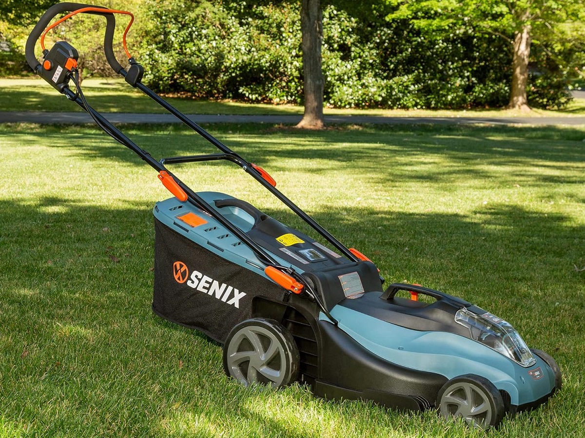 The Senix X5 battery-powered electric lawn mower outdoors.