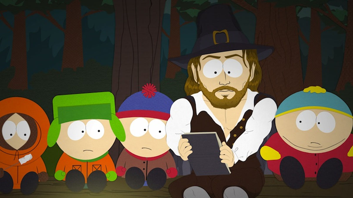 Kenny, Kyle, Stan, ein Pilger, und Cartman in „South Park“.