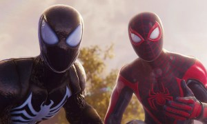 Miles and Peter standing next to each other staring at the camera. Peter is in the Venom suit.