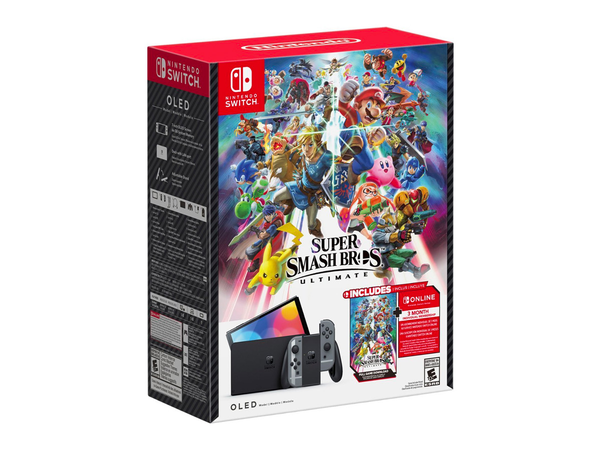 Emballage du pack OLED Super Smash Bros. Ultimate Nintendo Switch sur fond blanc.