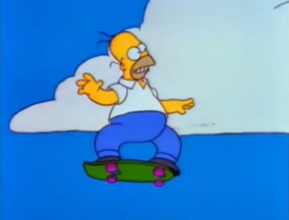 Homer fliegt in „Die Simpsons“ auf einem Skateboard durch die Luft.