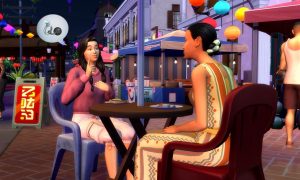 Two Sims sit at an outdoor cafe table at night, chatting.