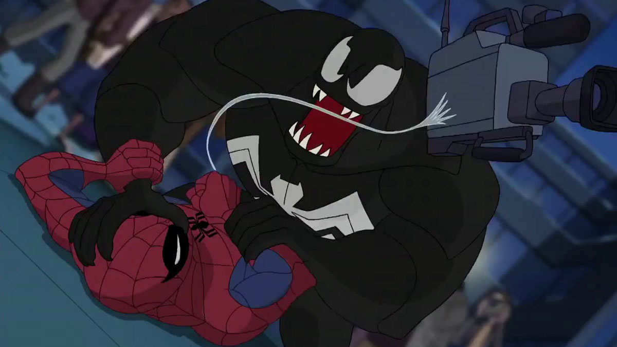 Venom chokes Spider-Man in Spectacular Spider-Man.