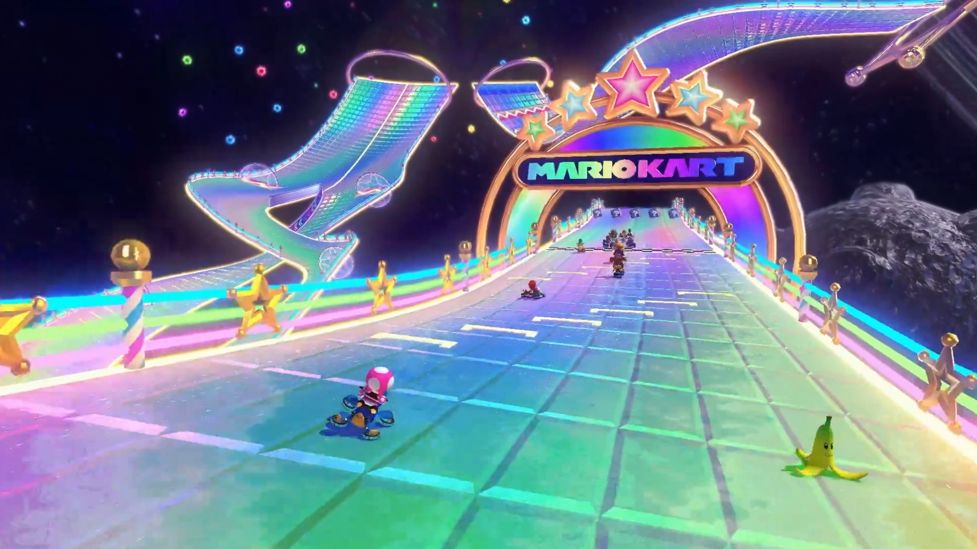 Wii Rainbow Road dans Mario Kart 8 Deluxe.