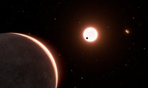 An artist’s concept of the nearby exoplanet, LTT 1445Ac, which is the size of Earth. The planet orbits a red dwarf star.