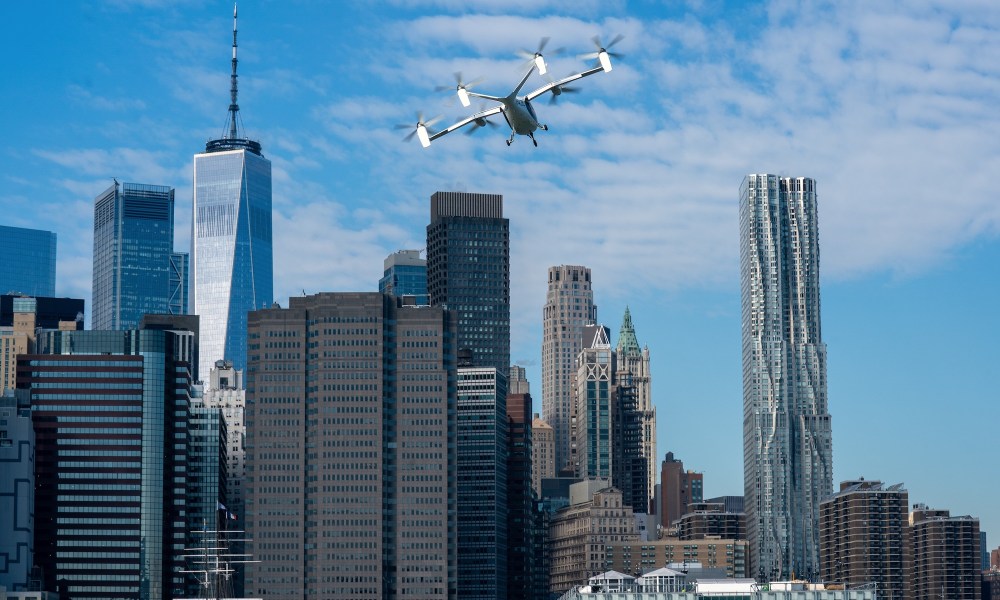 Joby Aviation's electric aircraft flying in New York City in 2023.