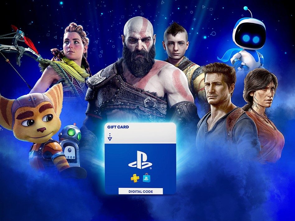 Подарочная карта Playstation Store, вокруг которой изображены персонажи видеоигр.