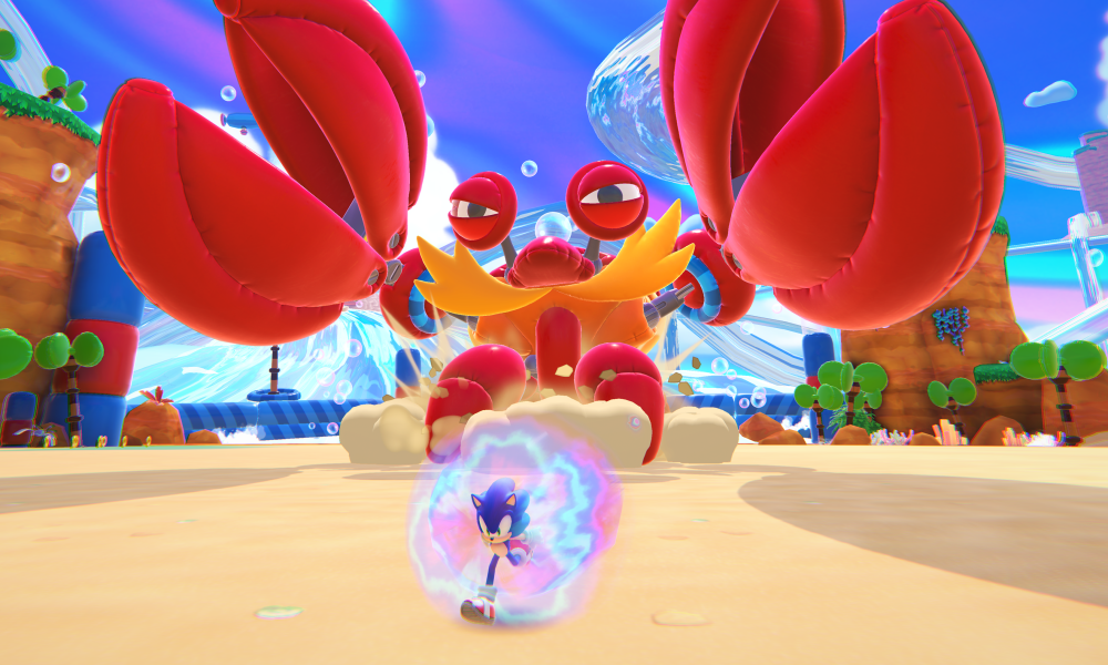 Sonic dashes away from a crab in Sonic Dream Team.