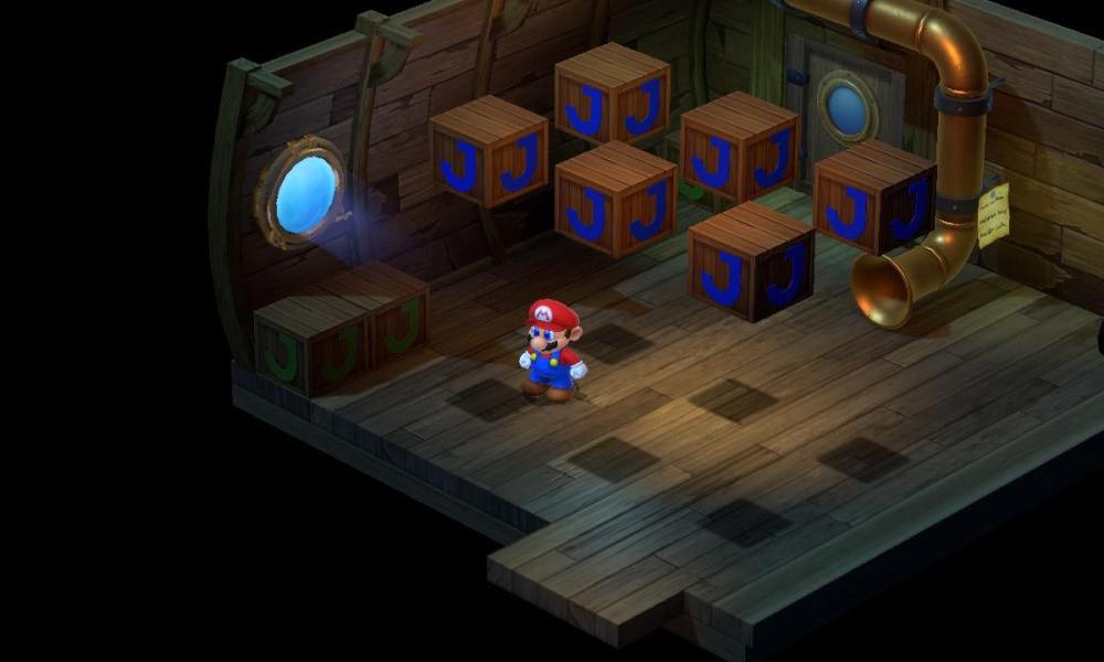 Mario stands in a room full of boxes in Super Mario RPG.