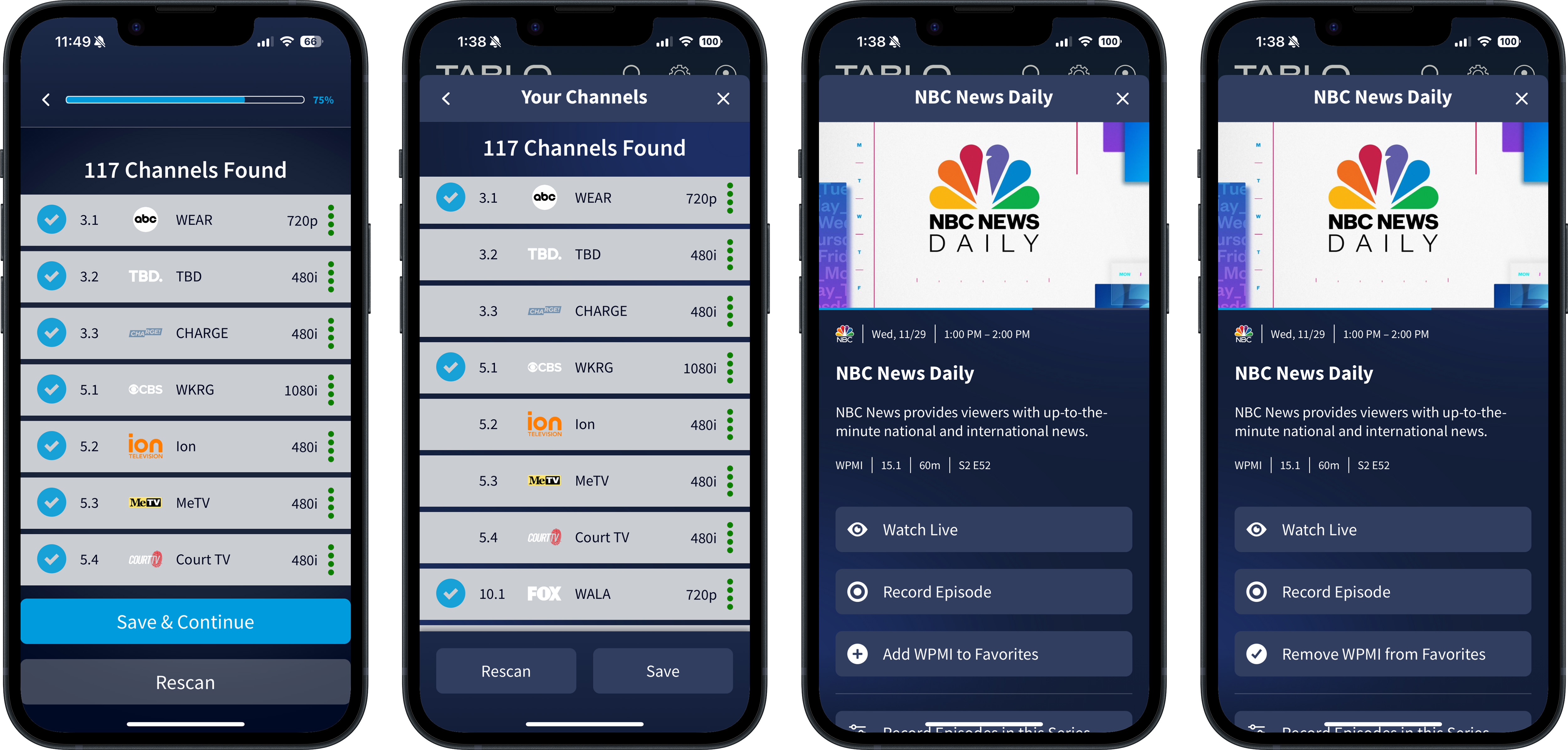 Captures d'écran des options des chaînes Tablo TV.