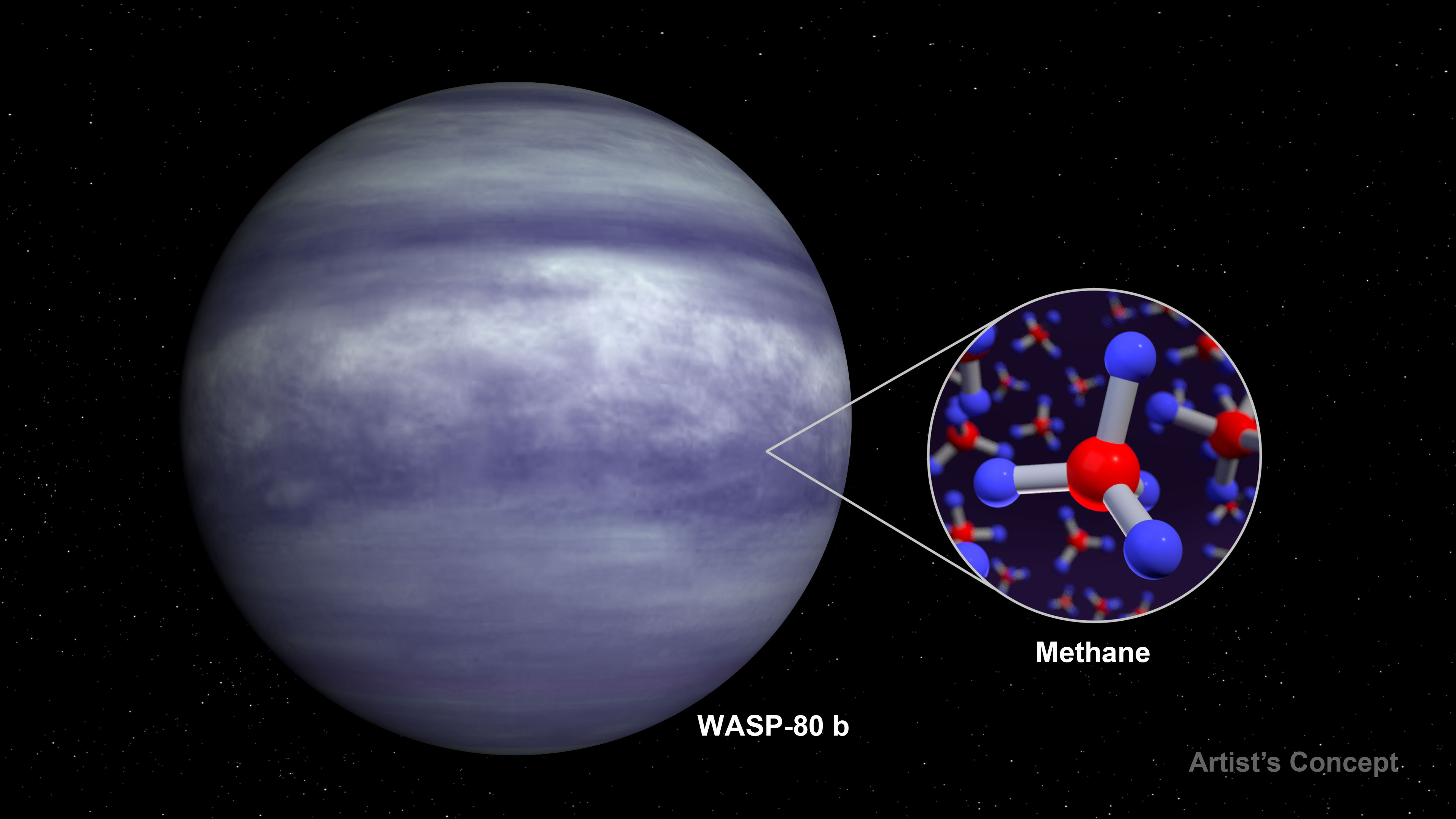 Un rendu artistique d'une exoplanète bleue et blanche connue sous le nom de WASP-80 b, sur un fond noir parsemé d'étoiles. Des couches horizontales alternées de nuages ​​blancs, gris et bleus recouvrent la surface de la planète. À droite de la planète, un rendu du méthane chimique est représenté avec quatre atomes d'hydrogène liés à un atome de carbone central, représentant le méthane dans l'atmosphère de l'exoplanète. Un rendu d'artiste de l'exoplanète chaude WASP-80 b dont la couleur peut paraître bleutée à yeux humains en raison de l'absence de nuages ​​​​à haute altitude et de la présence de méthane atmosphérique identifié par le télescope spatial James Webb de la NASA, semblable aux planètes Uranus et Neptune dans notre propre système solaire.