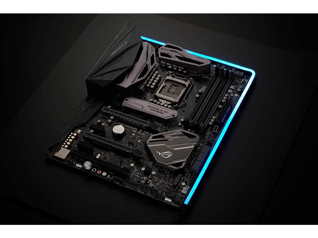 An Asus motherboard with a Phanteks NEON LED strip surrounding it.