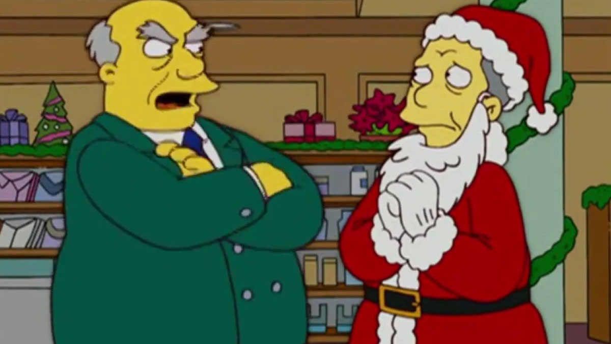 Gil é demitido de seu emprego como Papai Noel de shopping em Os Simpsons.