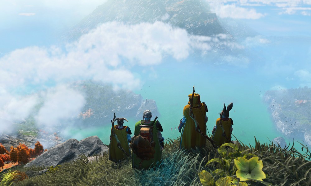 Four explorers on a cliff.