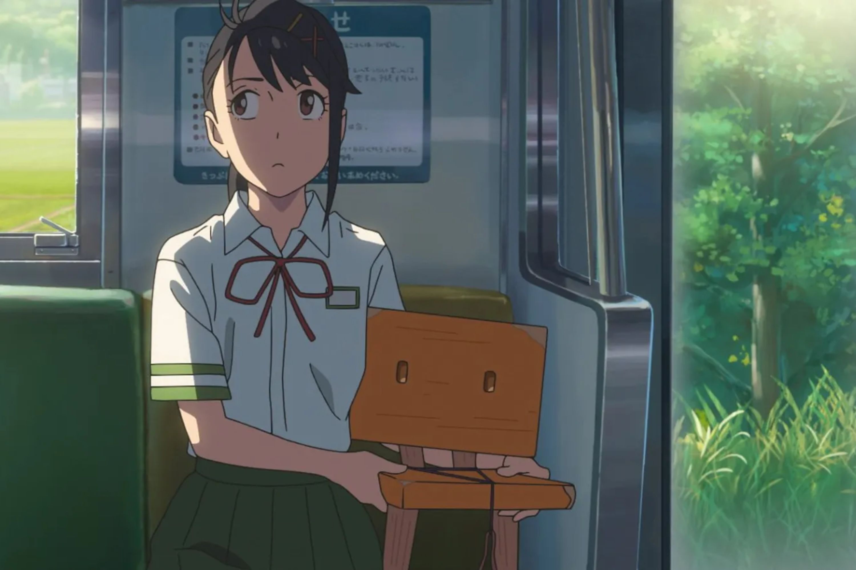 Suzume holding a chair in a train in the animated movie.