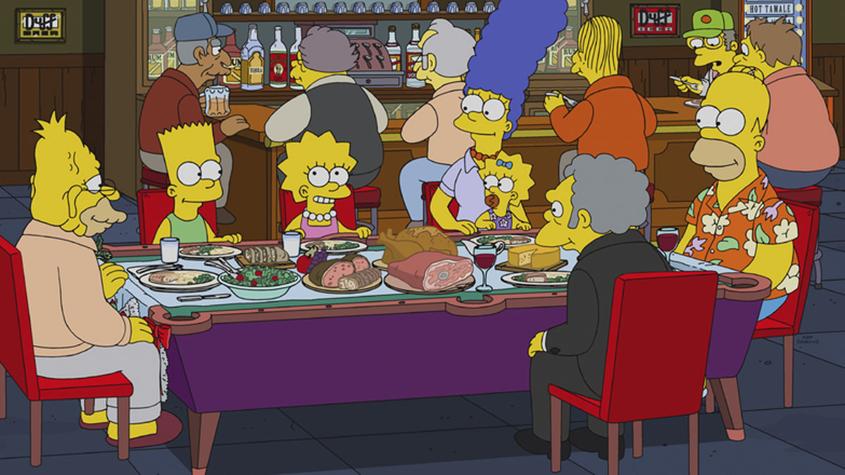 A família Simpsons janta de Natal no bar do Moe.